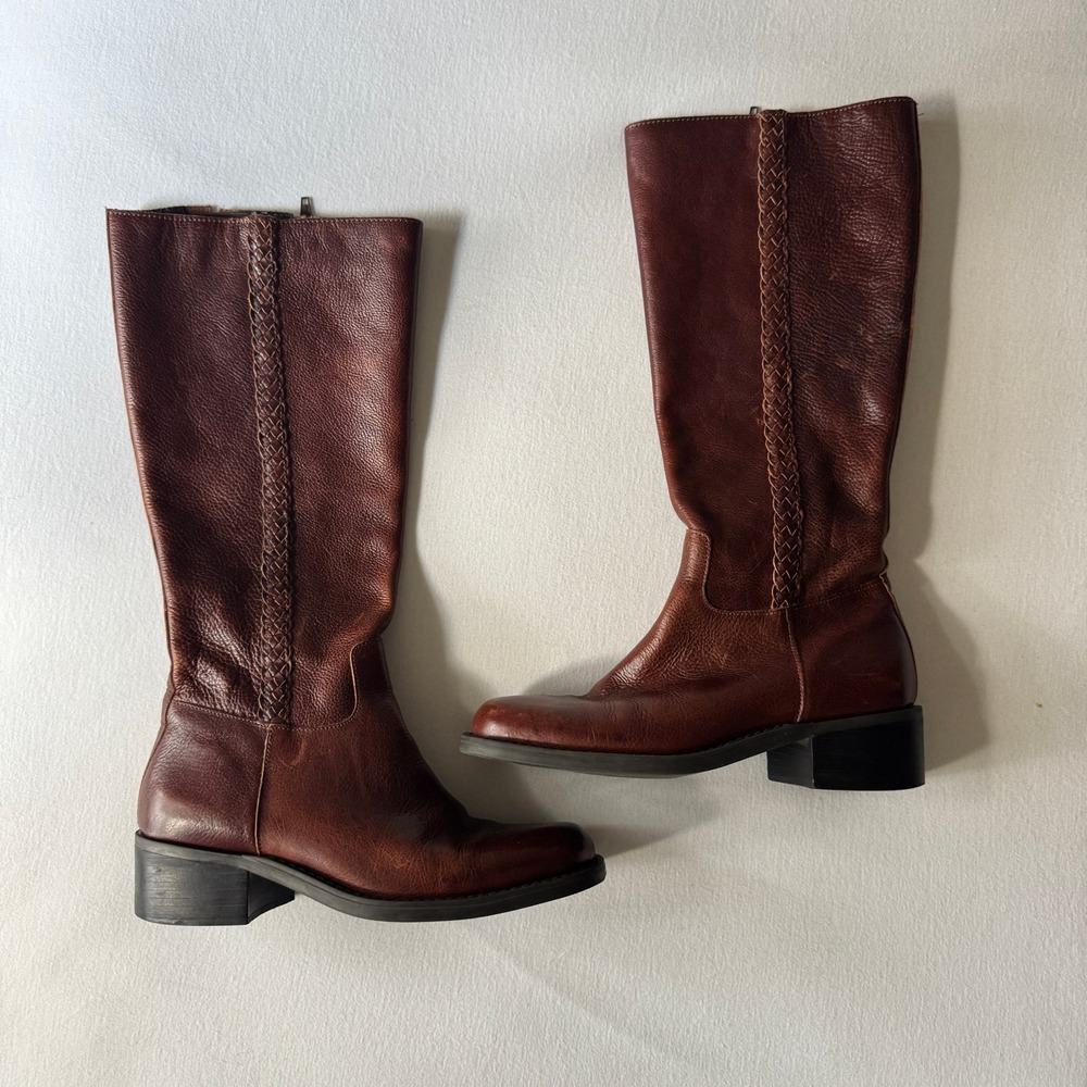 Vintage Nicole Pebbled Brazilian Leather Riding Boots 6 Brown Braided Block Heel